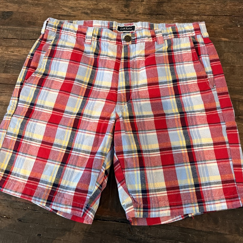 Club Room Classic Fit Plaid 9" Shorts Red Blue Mens size 34 Golf Preppy Cotton